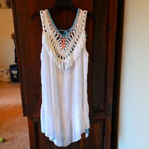 White Coverup with Colorful Crochet Neckline